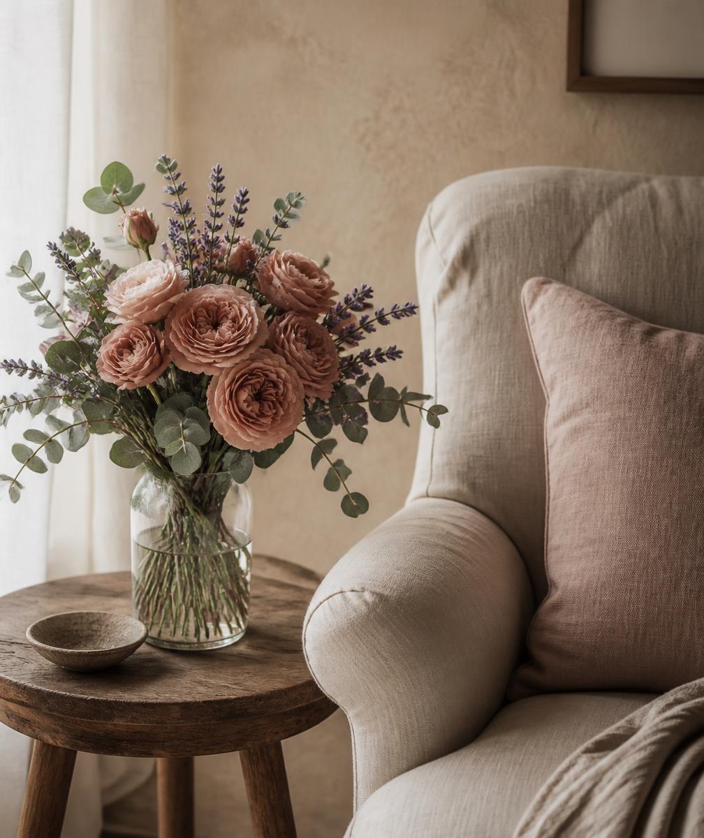 A cream linen armchair beside a vase of dusty rose blooms, sage eucalyptus and lavender in soft daylight